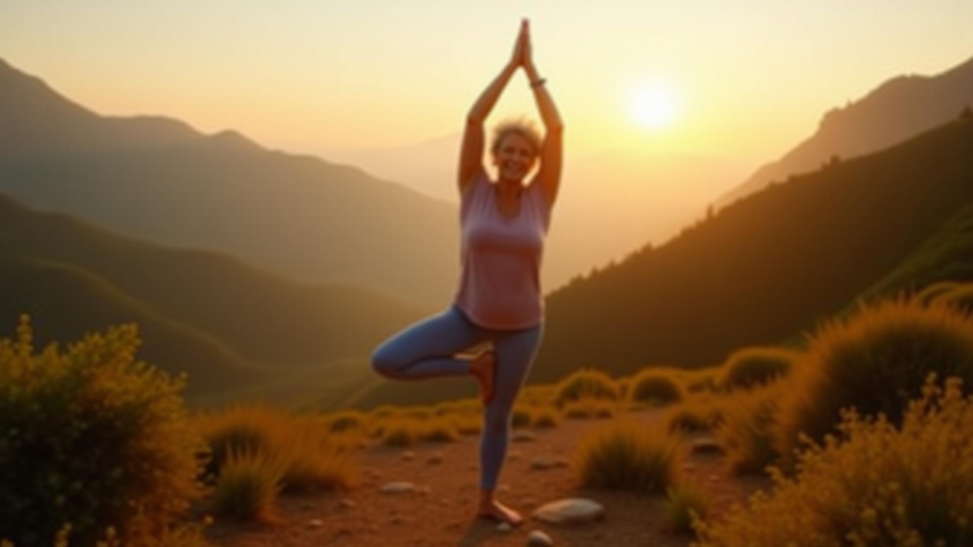 Vibrant older adult enjoying yoga outdoors at sunrise, symbolizing healthspan and vitality.