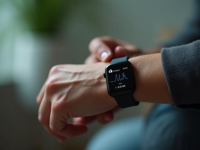 Close-up of a modern smartwatch displaying health metrics like heart rate variability, worn on a mature hand.