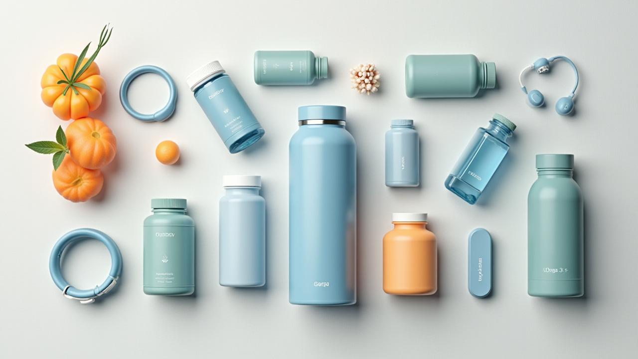 Aesthetic flat lay of modern wellness products including a smart ring, supplement bottles, and a sleek water bottle on a clean background.